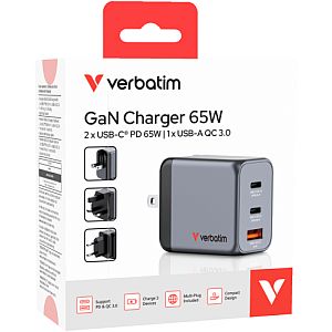 Verbatim 32201 GaN Charger 65W 3-Port, USB-A/USB-C, EU/UK/US Plug, Grey/Black - Image 4