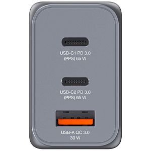 Verbatim 32201 GaN Charger 65W 3-Port, USB-A/USB-C, EU/UK/US Plug, Grey/Black - Image 2