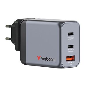 Verbatim 32201 GaN Charger 65W 3-Port, USB-A/USB-C, EU/UK/US Plug, Grey/Black