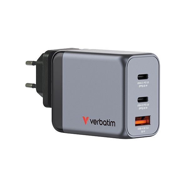 img184014 Verbatim 32201 GaN Charger 65W 3-Port, USB-A/USB-C, EU/UK/US Plug, Grey/Black - Image 1