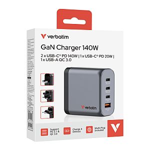 Verbatim 32203 GaN Charger 140W 4-Port, USB-A/USB-C, EU/UK/US PlugS, Grey/Black - Image 3