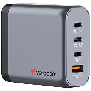 Verbatim 32203 GaN Charger 140W 4-Port, USB-A/USB-C, EU/UK/US PlugS, Grey/Black