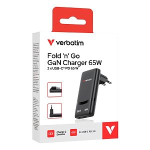 Verbatim 32354 Fold 'n' Go GaN Charger 65W 2-Port, USB-C, EU Plug, Black - Image 4