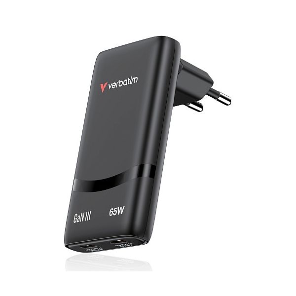 img853583 Verbatim 32354 Fold 'n' Go GaN Charger 65W 2-Port, USB-C, EU Plug, Black - Image 1