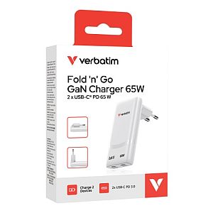 Verbatim 32355 Fold 'n' Go GaN Charger 65W 2-Port, USB-C, EU Plug, White - Image 4