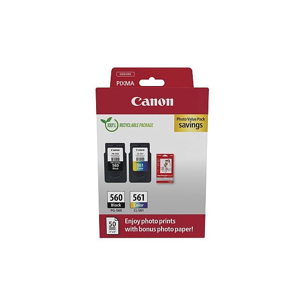 img295196 Canon CRG PG-560/CL-561 + Photo Paper Value Pack (3713C008) Ink Cartridge Multipack, BK/CMY - Image 1