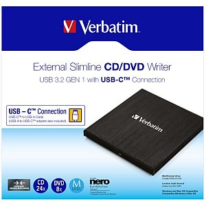 Verbatim 43886 External Slimline CD/DVD Writer External Optical Drive, USB-C/USB-A, Black - Image 4