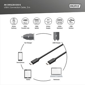 Digitus AK-300138-030-S USB-C Cable, USB-C 2.0 Male į USB-C 2.0 Male, 3 m, Black - Image 4