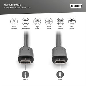 Digitus AK-300138-030-S USB-C Cable, USB-C 2.0 Male į USB-C 2.0 Male, 3 m, Black - Image 3
